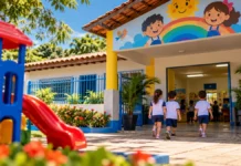 Vista Alegre do Abunã garante 70 vagas na pré-escola e prevê nova chamada em novembro Ilustração de crianças chegando a uma escola infantil, representando vagas na pré-escola em Vista Alegre do Abunã