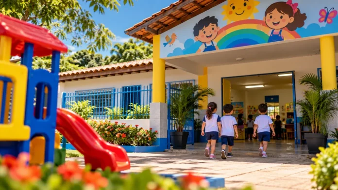 Ilustração de crianças chegando a uma escola infantil, representando vagas na pré-escola em Vista Alegre do Abunã