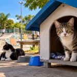 Porto Velho instala abrigos para gatos no Skate Parque e prevê expansão para outros dois parques Abrigos para gatos ilustrados em um parque de skate, com felino em casinha e outro no entorno em Porto Velho