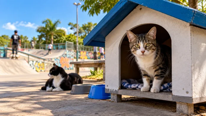Abrigos para gatos ilustrados em um parque de skate, com felino em casinha e outro no entorno em Porto Velho