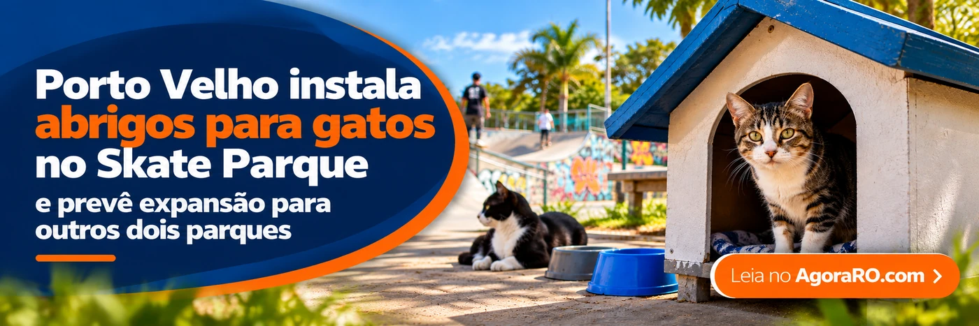Faixa ilustrativa sobre abrigos para gatos no Skate Parque de Porto Velho e previsão de expansão para dois parques