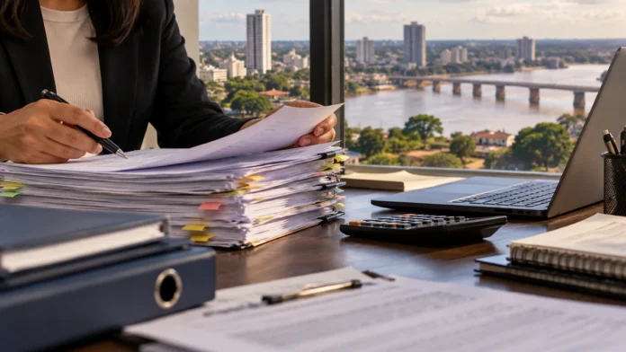 Licitação do Iphan ilustrada por documentos administrativos e notebook em ambiente de escritório