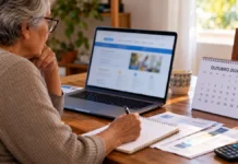 INSS começa a pagar benefícios de outubro no dia 26; veja datas por final Pessoa idosa consulta pagamento do INSS de outubro em notebook em ambiente doméstico
