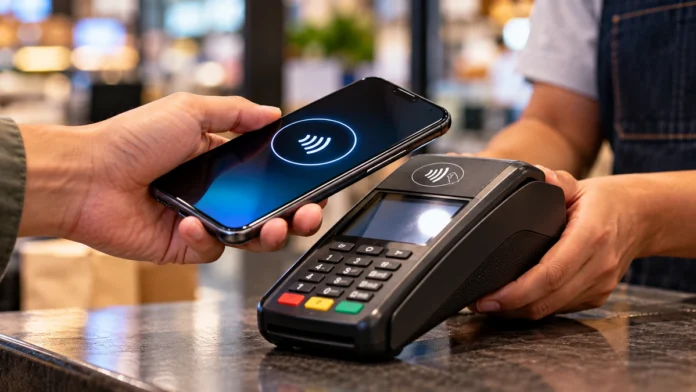 Pessoa aproxima celular de maquininha para realizar pagamento por NFC