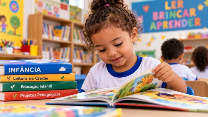 Criança da Educação Infantil lendo livro em sala de aula durante etapa do PNLD