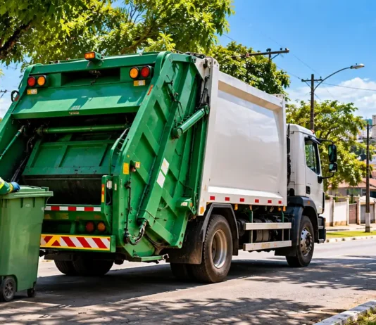 Porto Velho terá três audiências sobre PPP de resíduos sólidos Caminhão de coleta de resíduos e trabalhador da limpeza urbana em via de Porto Velho
