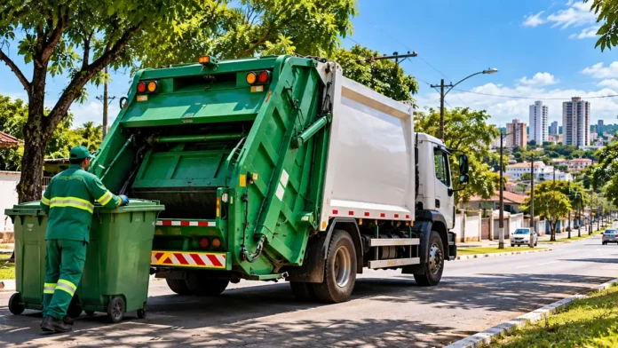 Caminhão de coleta de resíduos e trabalhador da limpeza urbana em via de Porto Velho