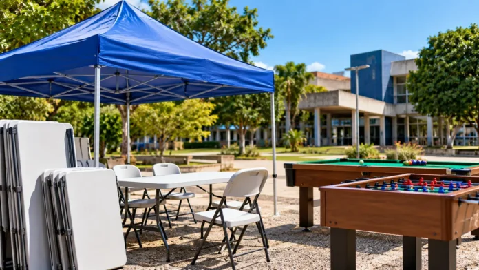 Pregão da UNIR: composição ilustrativa de tenda azul, mesas dobráveis e equipamentos de jogos em pátio universitário fictício