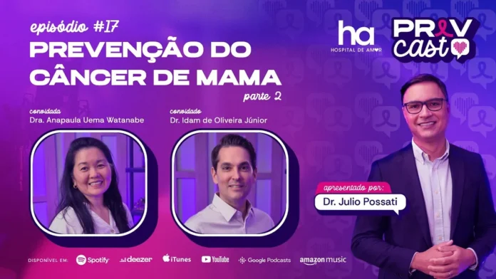 Câncer de mama: capa oficial do PrevCast #17 com Dra. Anapaula Uema Watanabe, Dr. Idam de Oliveira Júnior e Dr. Júlio Possati