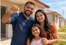 Famílias de Ji-Paraná recebem casas com apoio do programa Meu Sonho Programa Meu Sonho ilustrado por família com chaves de imóvel residencial em Ji-Paraná