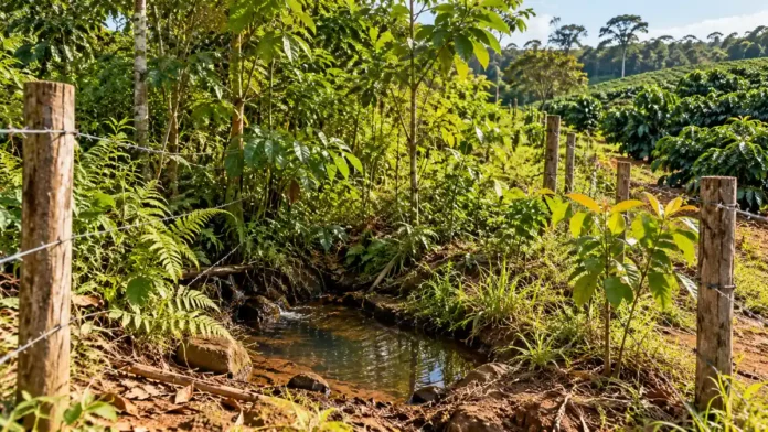 Regeneração natural em Cacoal em área protegida de propriedade cafeeira, com vegetação nativa jovem e nascente cercada.
