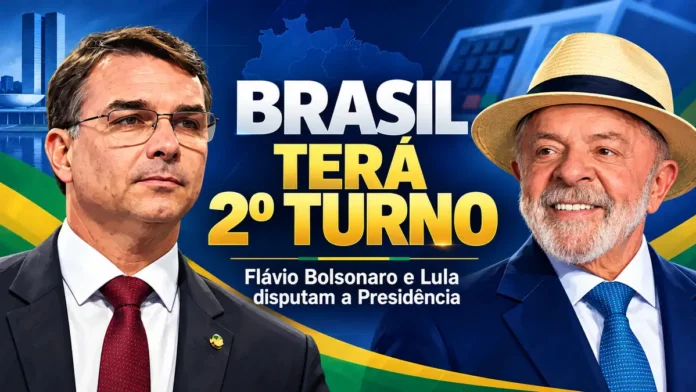 Brasil terá segundo turno entre Flávio Bolsonaro e Lula Composição editorial com Flávio Bolsonaro e Lula sobre o segundo turno presidencial de 2026