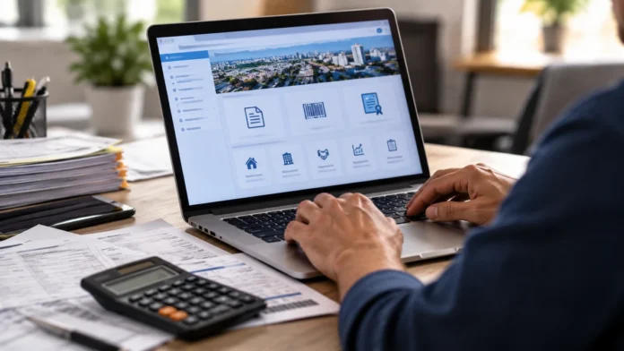 SEMEC Digital Porto Velho em ilustração de contribuinte consultando serviços tributários municipais pelo computador.