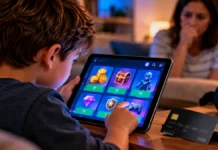 32% dos pais relatam compras sem autorização feitas por filhos em apps e jogos Criança usando tablet com itens de jogo enquanto responsável observa ao fundo, em imagem ilustrativa sobre compras sem autorização