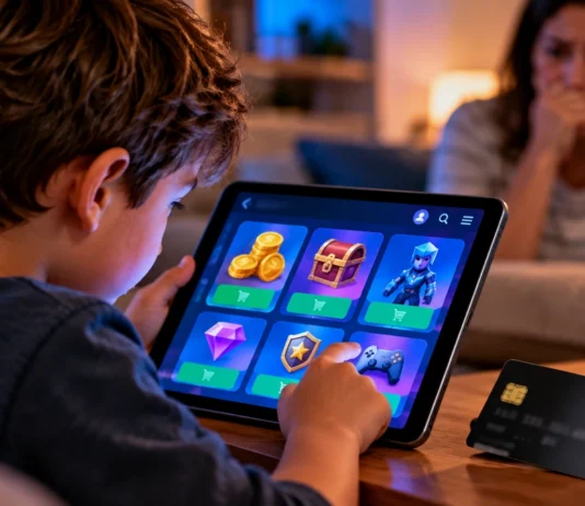 32% dos pais relatam compras sem autorização feitas por filhos em apps e jogos Criança usando tablet com itens de jogo enquanto responsável observa ao fundo, em imagem ilustrativa sobre compras sem autorização