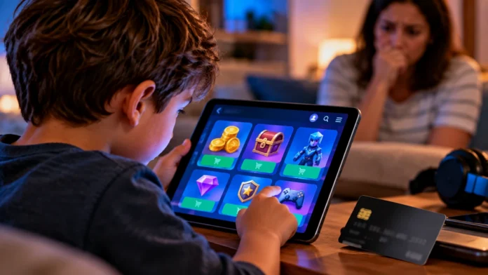 Compras sem autorização feitas por filhos em apps e jogos Criança usando tablet com itens de jogo enquanto responsável observa ao fundo, em imagem ilustrativa sobre compras sem autorização