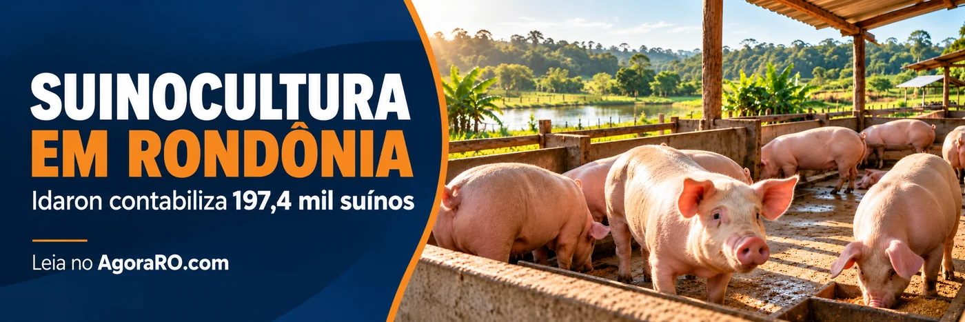 Faixa editorial do AgoraRO informa sobre cuidados sanitários para a criação de suínos em Rondônia.