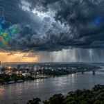 Rondônia tem aviso amarelo para tempestades nesta sexta Céu carregado com chuva e gráficos meteorológicos em composição sobre tempestades em Rondônia