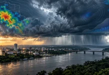 Rondônia tem aviso amarelo para tempestades nesta sexta Céu carregado com chuva e gráficos meteorológicos em composição sobre tempestades em Rondônia