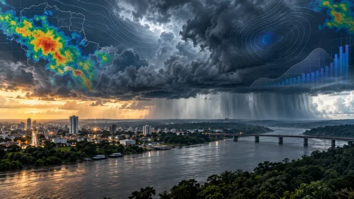 Céu carregado com chuva e gráficos meteorológicos em composição sobre tempestades em Rondônia