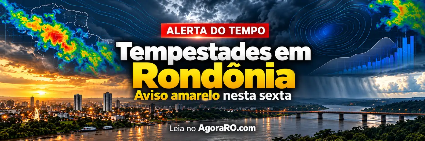 Tempestades em Rondônia com gráficos meteorológicos e aviso amarelo