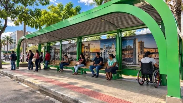 Terminal Arco em Porto Velho com passageiros no novo abrigo em frente ao shopping