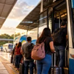 Transporte intermunicipal gratuito em Rondônia: saiba como viajar para votar Cena ilustrativa de transporte intermunicipal gratuito em Rondônia, com passageiros embarcando em ônibus rodoviário em terminal fictício; imagem gerada por IA.