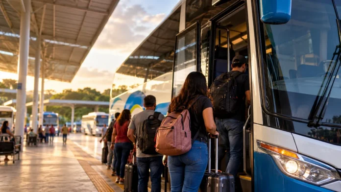 Cena ilustrativa de transporte intermunicipal gratuito em Rondônia, com passageiros embarcando em ônibus rodoviário em terminal fictício; imagem gerada por IA.
