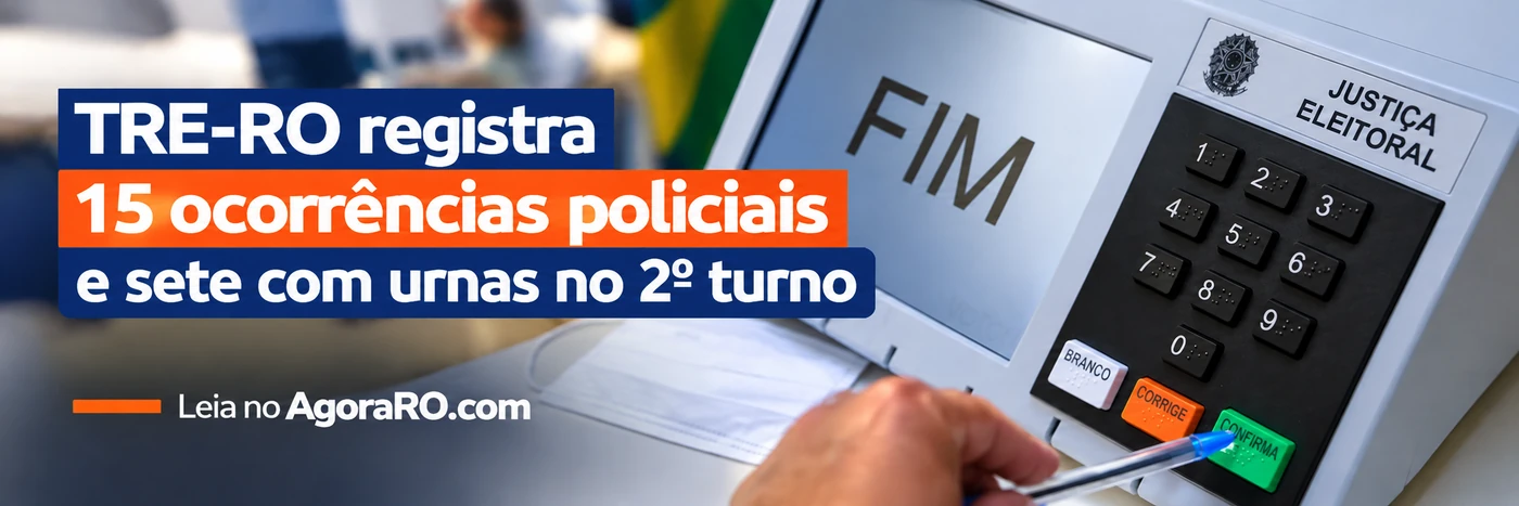 Faixa horizontal com urna eletrônica e texto sobre 15 ocorrências policiais e sete com urnas no segundo turno
