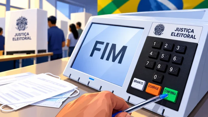 Urna eletrônica com a palavra FIM em composição ilustrativa sobre o segundo turno em Rondônia