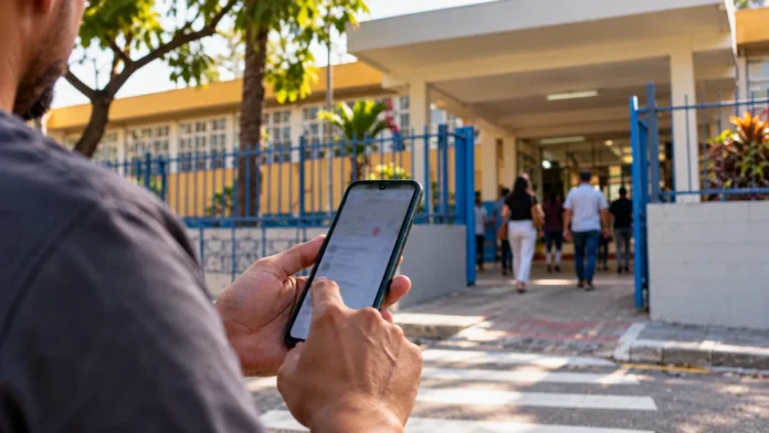 locais de votação: eleitor consulta o celular diante de entrada escolar, em composição editorial ilustrativa
