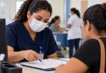 Nova UBS Orgulho do Madeira recebe inscrições para profissionais de saúde até 7 de outubro Profissional de saúde orienta candidata em ambiente clínico durante processo de atendimento e seleção
