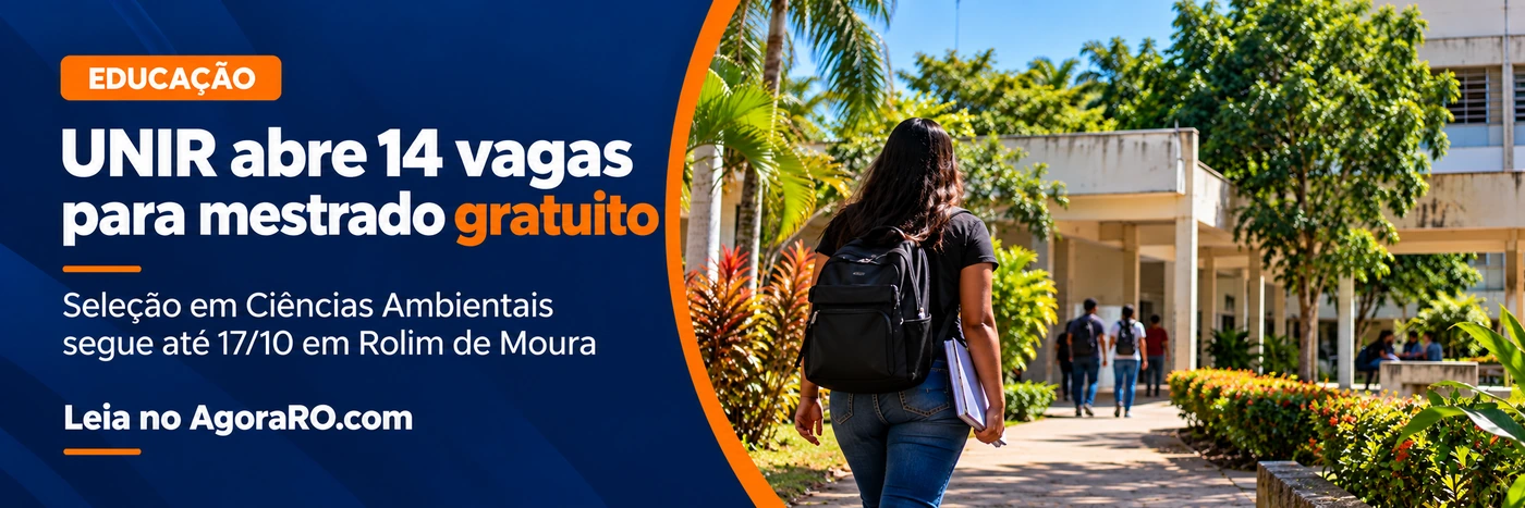 Arte sobre seleção da UNIR com 14 vagas para mestrado gratuito em Ciências Ambientais em Rolim de Moura