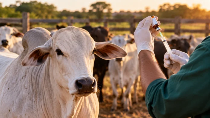 Bovino em propriedade rural durante preparação de vacina contra clostridioses