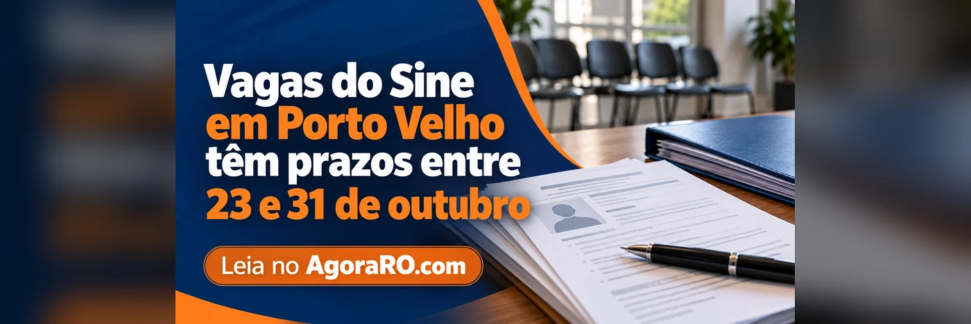 Faixa editorial do AgoraRO sobre vagas do Sine em Porto Velho com prazos de 23 a 31 de outubro