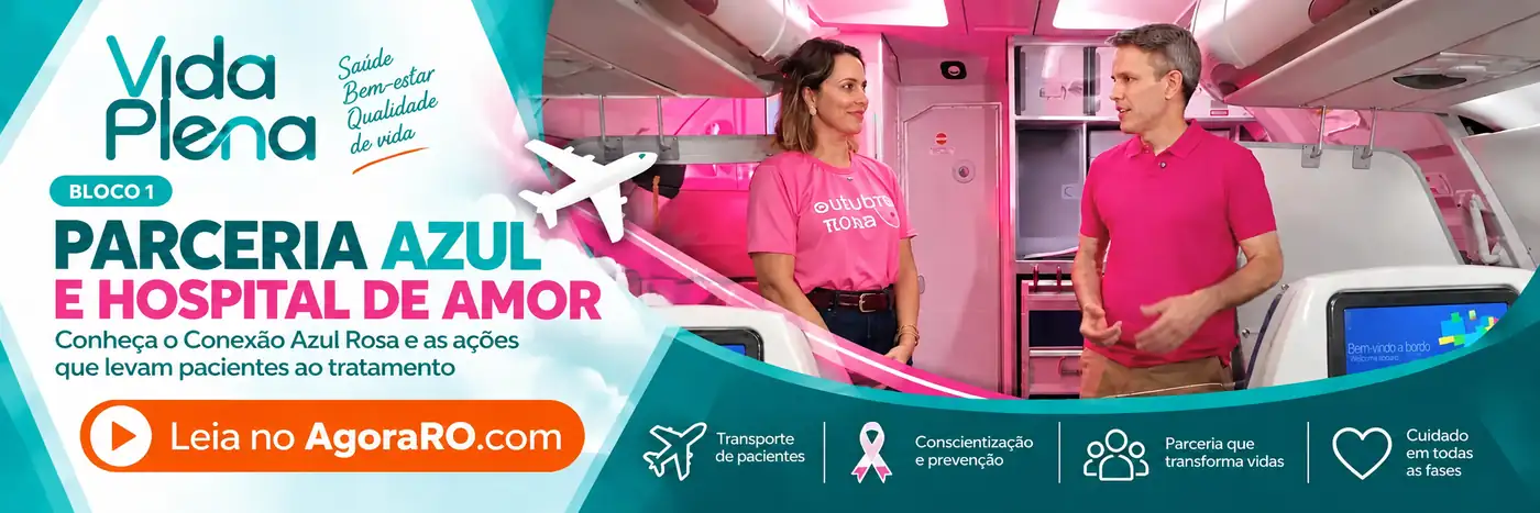 Bloco 1 do Vida Plena sobre a parceria Azul e Hospital de Amor: Débora e apresentador em cabine de avião, com assinatura Leia no AgoraRO.com