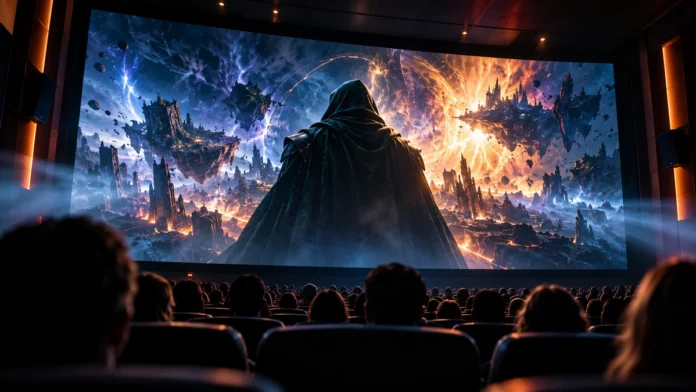 Vingadores: Doutor Destino em imagem ilustrativa de sala de cinema com cena fantástica fictícia, sem representar cena oficial do filme.