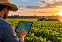 Zarc permite consultar janelas de plantio da safra 2026/27 por município em Rondônia Produtor rural consulta mapa em tablet diante de lavoura e máquinas agrícolas