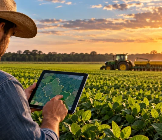 Zarc permite consultar janelas de plantio da safra 2026/27 por município em Rondônia Produtor rural consulta mapa em tablet diante de lavoura e máquinas agrícolas