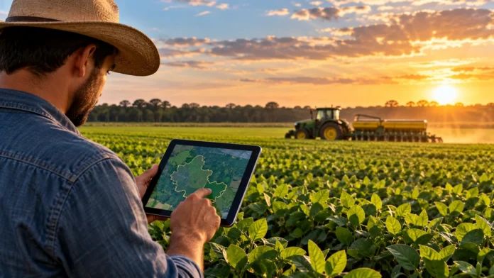 Produtor rural consulta mapa em tablet diante de lavoura e máquinas agrícolas
