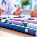 Anvisa aprova cinco novas canetas para diabetes e obesidade Canetas GLP-1 ilustrativas sobre mesa de consultório, com fita métrica e atendimento médico ao fundo.