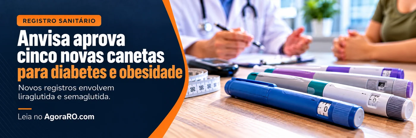 Faixa ilustrativa sobre novas canetas GLP-1, com manchete da Anvisa à esquerda e canetas injetáveis genéricas em consulta médica à direita.
