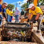 Porto Velho inicia avaliação da rede de 305 ecobueiros Ecobueiros em Porto Velho: composição ilustrativa de trabalhadores e cesto coletor com resíduos em boca de lobo.
