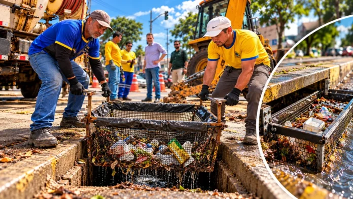 Ecobueiros em Porto Velho: composição ilustrativa de trabalhadores e cesto coletor com resíduos em boca de lobo.