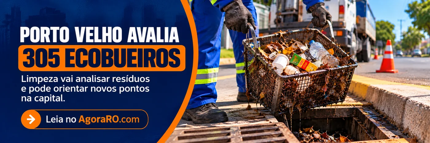Faixa ilustrativa sobre ecobueiros em Porto Velho: trabalhador ergue cesto com resíduos durante avaliação da rede.