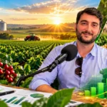 RuralCast: FAPERON alerta para crédito caro e custos do agro Agronegócio de Rondônia: composição ilustrativa de Tiago Martins ao microfone, com lavouras, pecuária, grãos e gráficos de produção.