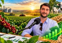 RuralCast: FAPERON alerta para crédito caro e custos do agro Agronegócio de Rondônia: composição ilustrativa de Tiago Martins ao microfone, com lavouras, pecuária, grãos e gráficos de produção.