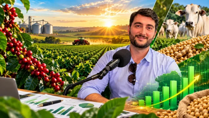 Agronegócio de Rondônia: composição ilustrativa de Tiago Martins ao microfone, com lavouras, pecuária, grãos e gráficos de produção.
