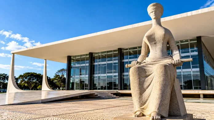 ADI 6336: STF valida fim do duplo teto previdenciário Composição digital ilustrativa da sede do STF e da estátua da Justiça, para reportagem sobre a ADI 6336 e o duplo teto previdenciário.