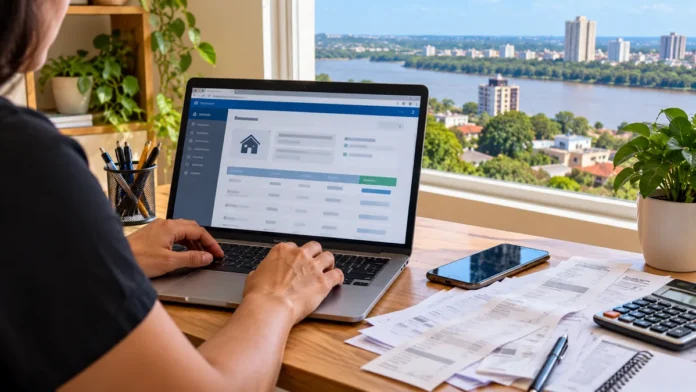 IPTU 2027: ilustração de contribuinte consultando créditos fiscais pelo notebook em Porto Velho, com documentos e calculadora.